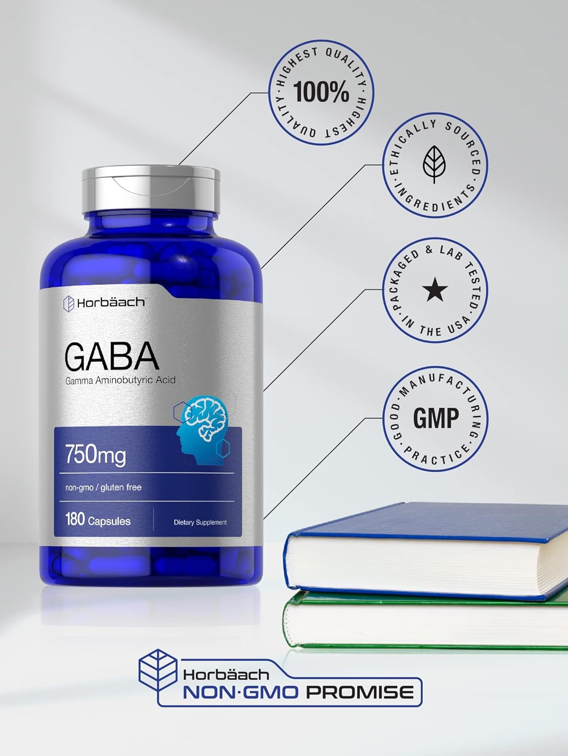 Horbäach GABA 750mg | 180 Capsules | Gamma Aminobutyric Acid Supplement | Non-GMO, Gluten Free : Health & Household