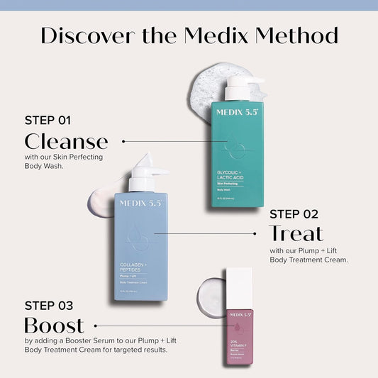 Medix 5.5 Glycolic Acid Exfoliating Face & Body Wash Cleanser + Argan Oil Moisturizing Body Cream Lotion 2Pc Skin Care Set | Alpha Hydroxy Acid & Lactic Acid Foaming Face Wash, 2Pc Set
