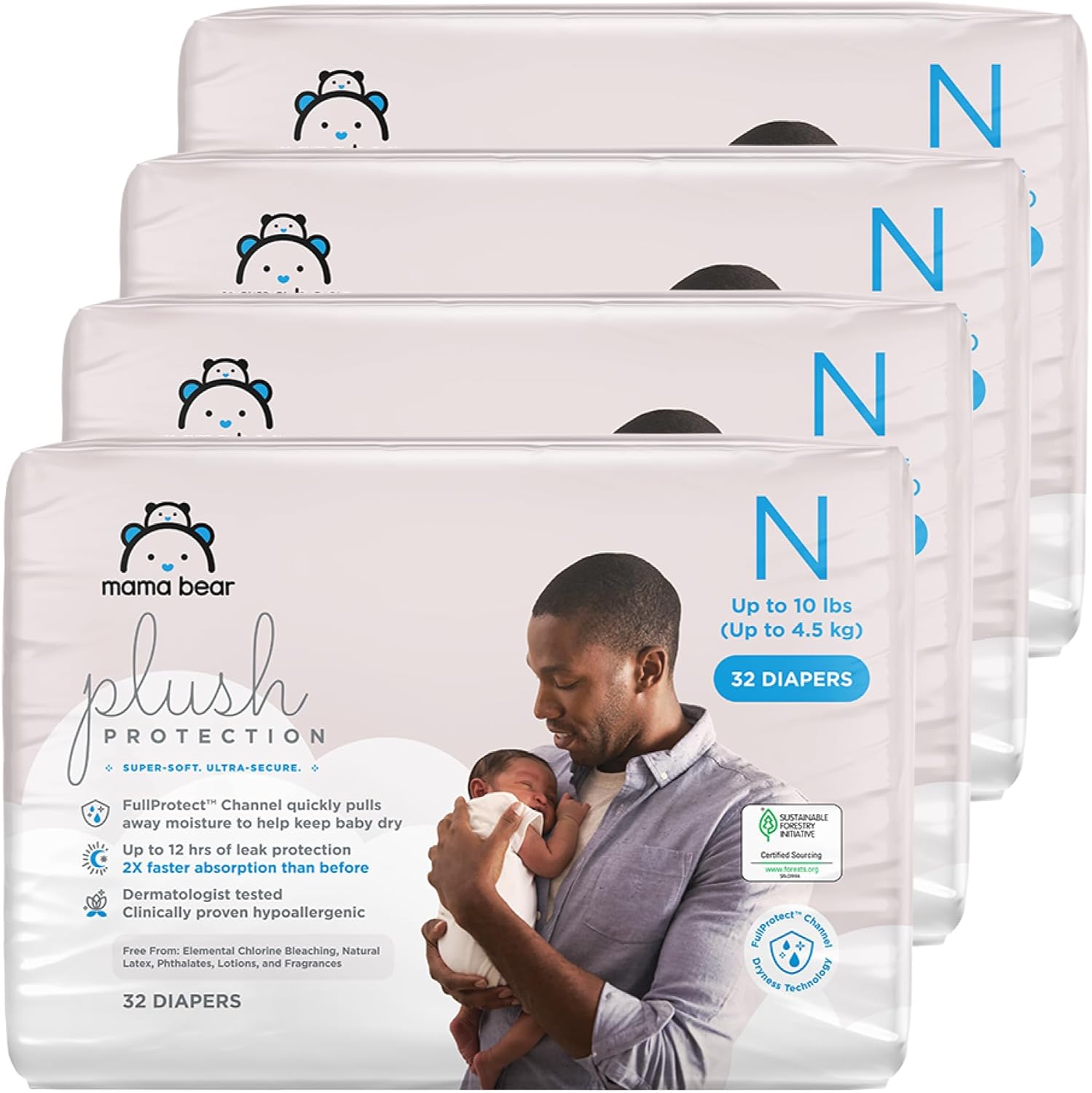 Amazon Brand - Mama Bear Plush Protection Diapers - Size Newborn, One Month Supply, Hypoallergenic Premium Disposable Baby Diapers, 128 Count (Pack Of 4), White And Cloud Dreams