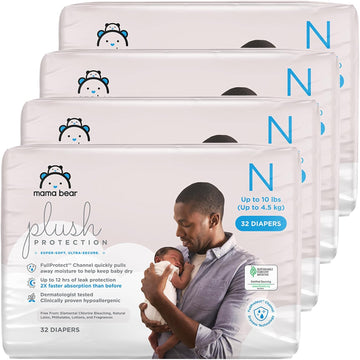 Amazon Brand - Mama Bear Plush Protection Diapers - Size Newborn, One Month Supply, Hypoallergenic Premium Disposable Baby Diapers, 128 Count (Pack Of 4), White And Cloud Dreams