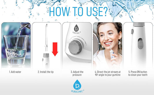Pursonic Oi-200 Professional Water Flosser For Teeth With 3 Nozzles - Bonus Tongue Scraper Multiple Pressure Settings - Electric Flosser Timer And Plaque Removal For Gum Health