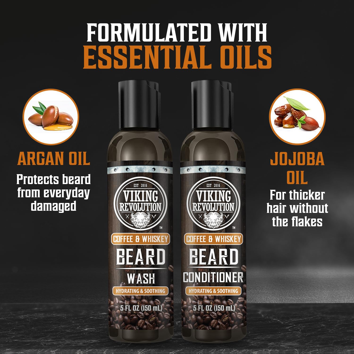 Viking Revolution Beard Wash And Beard Conditioner For Men With Argan Oil And Jojoba Oil- Beard Softener And Strengthener Beard Care Beard Shampoo And Conditioner With Ginseng Root(5Oz,Coffee Whiskey) : Beauty & Personal Care