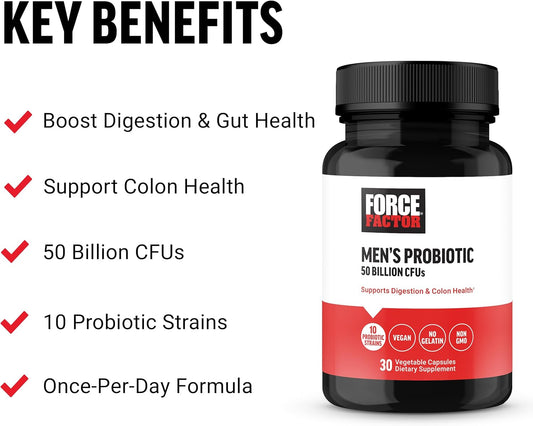 FORCE FACTOR Men?s Probiotic, Probiotics for Digestive Health with 50 Billion CFUs and 10 Probiotic Strains to Support Gut and Colon Health, and Daily Wellness, Non-GMO, Vegan, 30 Vegetable Capsules