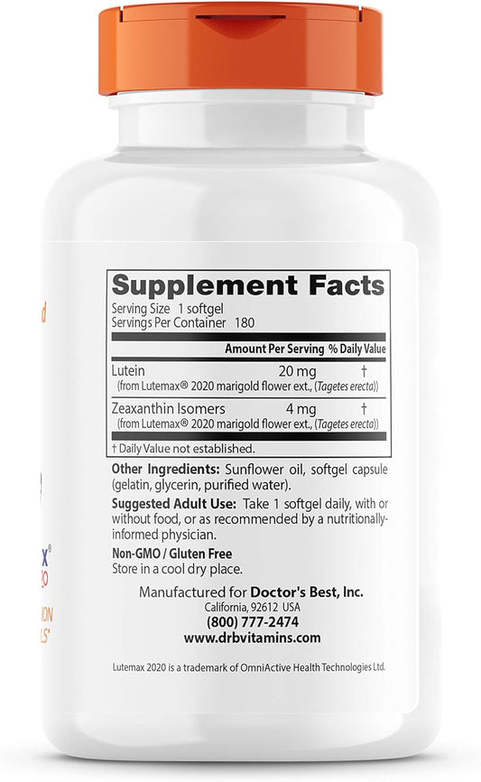 Doctor's Best Lutein featuring Lutemax, Non-GMO, Gluten Free, Soy Free, Eye Health, 20 mg, 180 Softgels