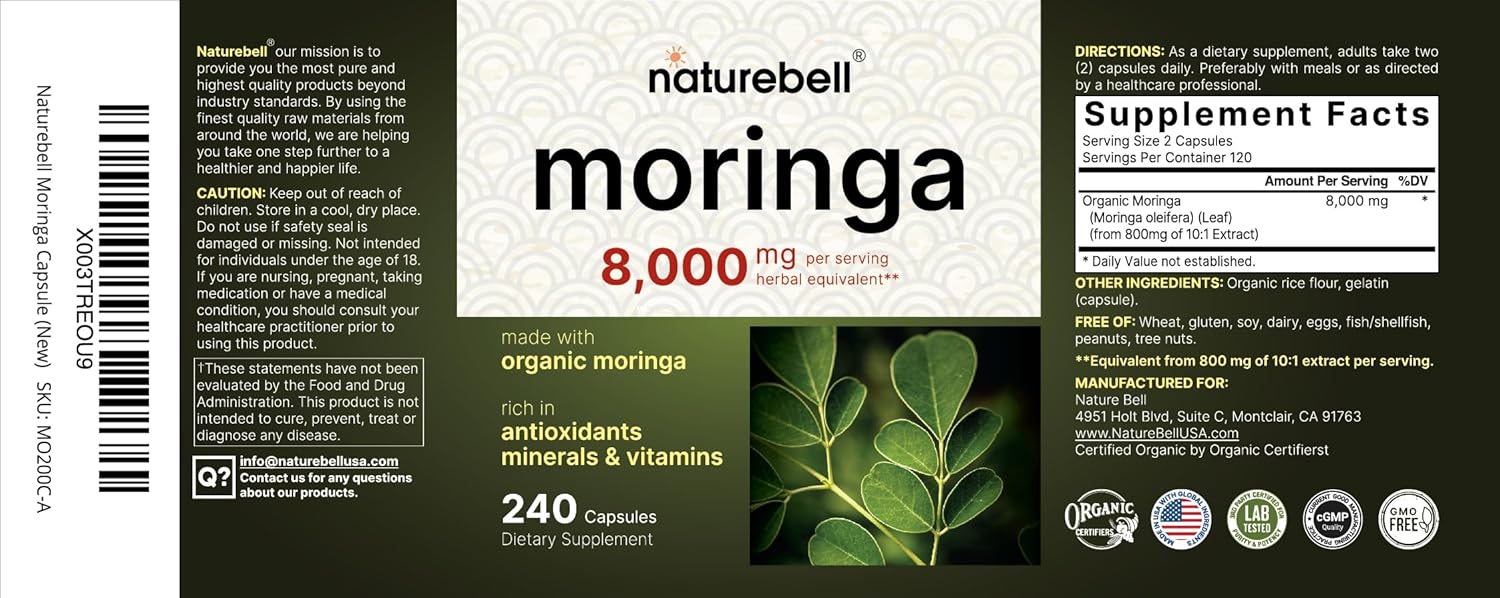 Naturebell Moringa Oleifera 8000Mg Per Serving & Nac Supplement (N-Acetyl Cysteine) With Quercetin, 1,200Mg Per Serving Bundle 2 Pack | Made With Organic Moringa Leaf Powder | Double Strength A