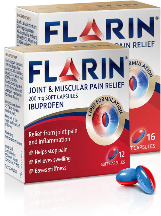 Flarin Joint & Muscular Pain Relief, 200 Mg Soft Capsules, Muscle, Rheumatic, Joint And Back Pain Relief, Lipid Ibuprofen, Unique Lipid Formulation, Painkillers, 12 Soft Capsules