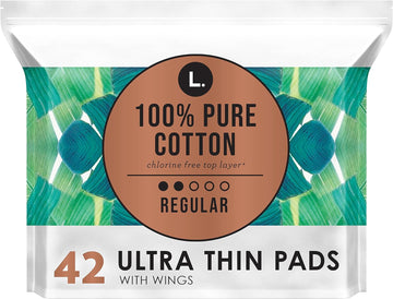 L. Ultra Thin Unscented Pads with Wings, Regular Absorbency, 42 Ct, 100% Pure Cotton Chlorine Free Top Layer