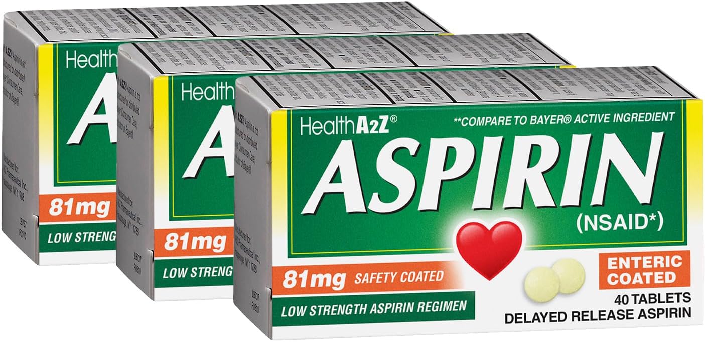 Healtha2Z® Aspirin 81 Mg | Low Strength | Enteric Coated | Pain Relief | Reduces Minor Aches Muscle Pain & Cramps | Fever Reducer | Reduces Headache (40 Counts (Pack Of 3))