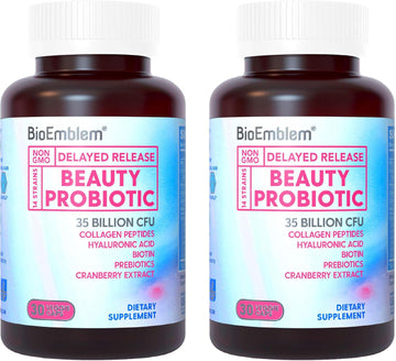 Bioemblem Beauty Probiotics For Women, 35 Billion Cfu 14 Strains With Biotin, Collagen, Prebiotics For Digestive Health, Hair Skin And Nails, Vaginal Probiotics Supplement, Shelf Stable, 60 Caps