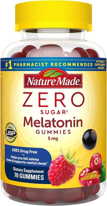 Nature Made Zero Sugar Melatonin 5Mg Extra Strength Gummies, 100% Drug Free Sleep Aid For Adults, 70 Sugar Free Melatonin Gummies, 70 Day Supply