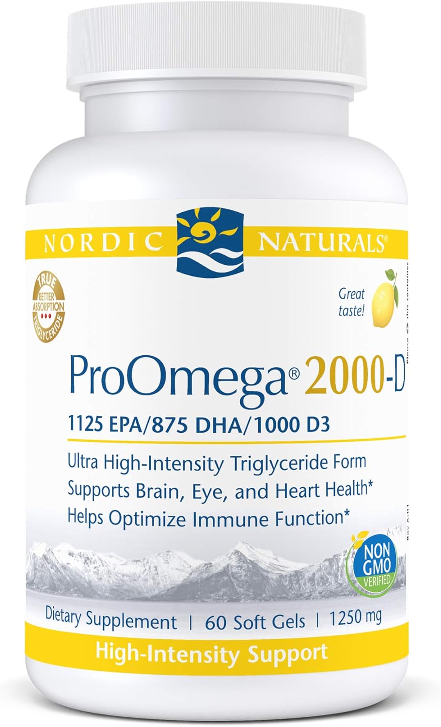 Nordic Naturals ProOmega 2000-D - Fish Oil, 1125 mg EPA, 875 mg DHA, 1000 IU Vitamin D3, Cardiovascular, Neurological, Eye, and Immune Health, Lemon Flavor, 60 Soft Gels