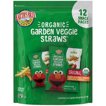Earth'S Best Organic Kids Snacks, Sesame Street Toddler Snacks, Organic Garden Veggie Straws For Toddlers 2 Years And Older, Original, Multipack, .5 Oz Bags, 12 Count