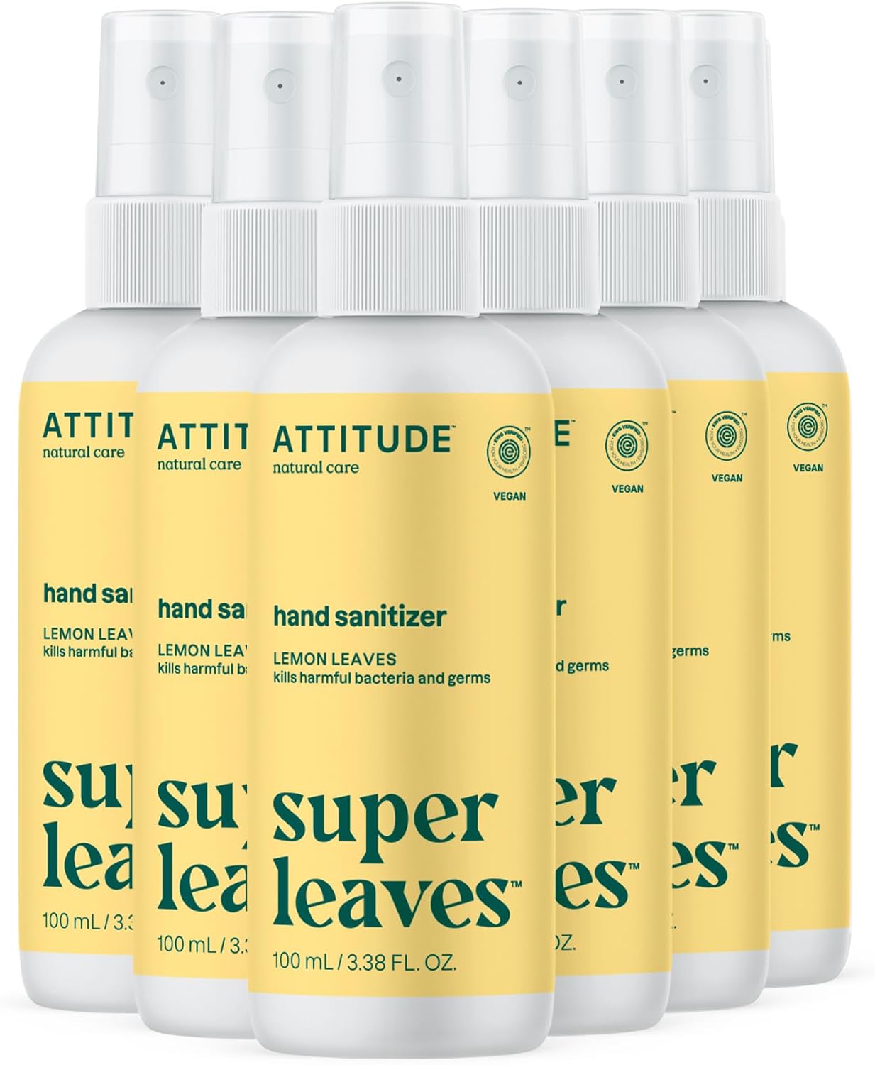 ATTITUDE Hand Sanitizer Spray for Adults and Kids, EWG Verified, Kills Bacteria and Germs, Vegan, Lemon Leaves, 3.38 Fl Oz (Spray Bottle) (Pack of 6)