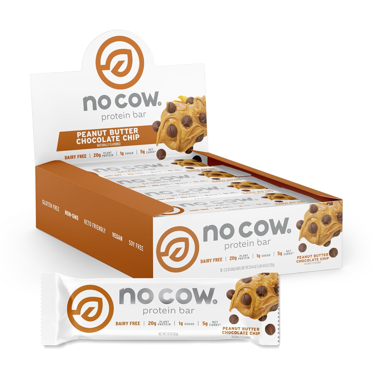 No Cow High Protein Bars, Peanut Butter Chocolate Chip - Healthy Snacks, 20G Vegan Protein, High Fiber, Low Sugar, Dairy & Gluten Free (12 Count)