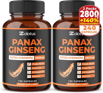 2 Packs Korean Red Panax Ginseng + Ginkgo Biloba, 2800mg Highest Potency with Ashwagandha, Beetroot, Green Tea Extract, Boost Energy, Mood, Focused Strength, Enhanced Stamina Performance, 240 Capsules