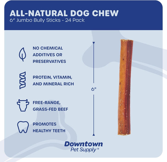 Downtown Pet Supply Bully Sticks for Dogs (6", 24-Pack, Jumbo) Non-GMO, Grain Free, Rawhide Free Dog Chews Long Lasting Pizzle Sticks - Low Odor Bully Sticks for Large Dogs