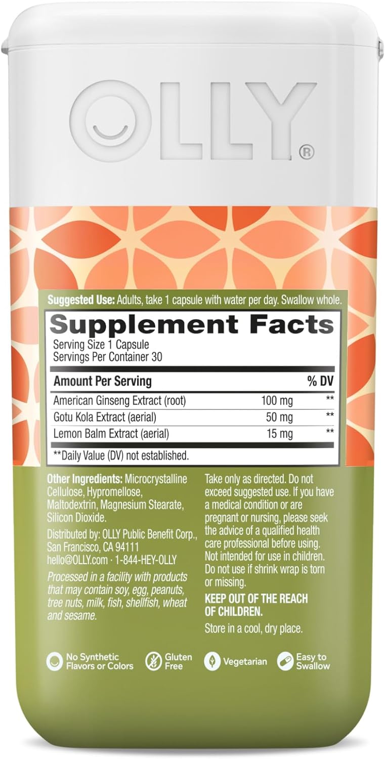 OLLY Focus Adaptogen, Ginseng, Gotu Kola, Mood Support Supplement, Vegetarian Capsules - 30ct : Health & Household