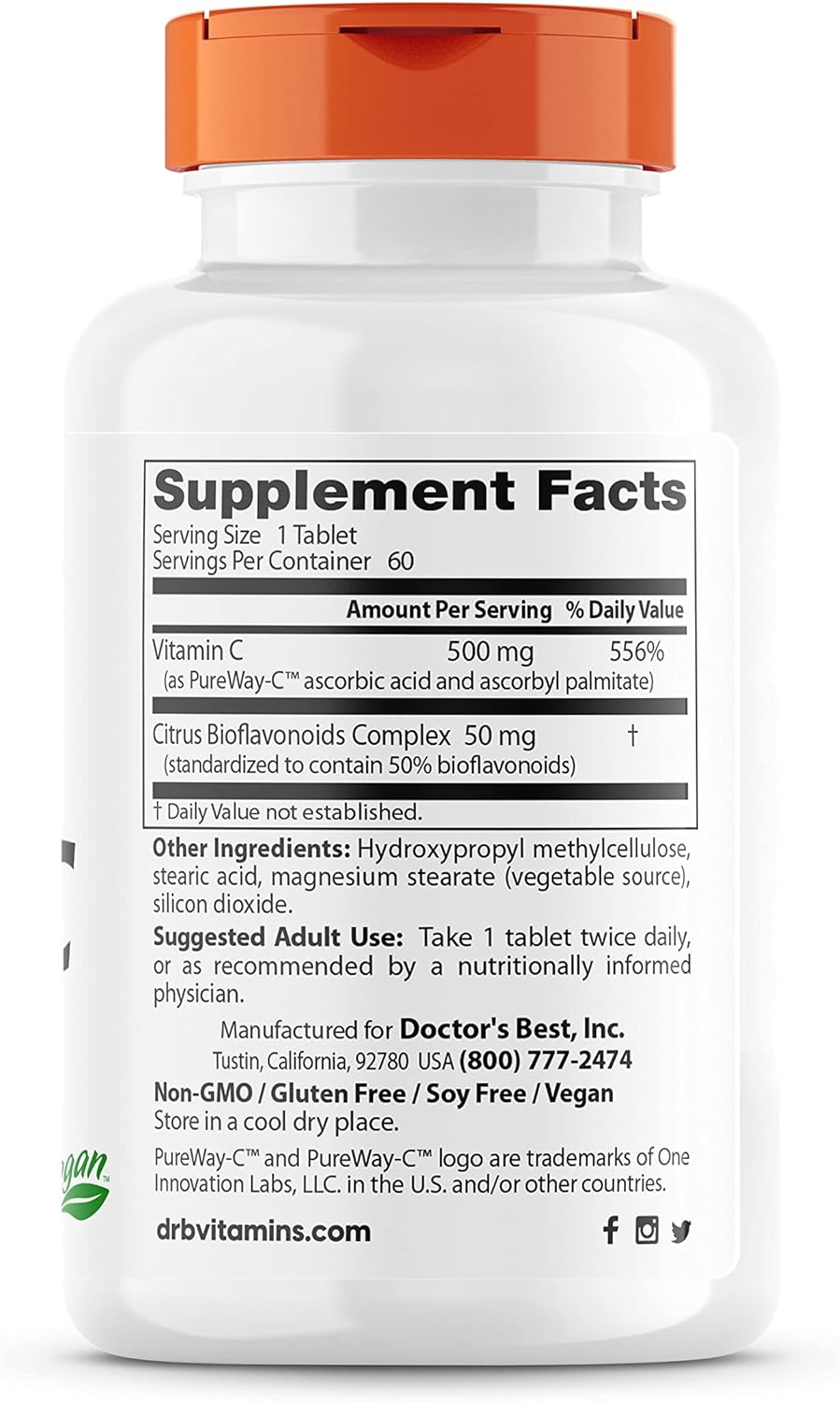 Doctor's Best 12-Hour Vitamin C 500mg with PureWay-C, Supports Immune System, Potent Antioxidant 60 Tablets