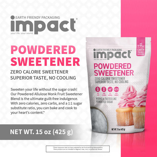 Impact - Powdered Sweetener: White Allulose Monk Fruit Blend - Zero Calorie, Zero Carb, Keto-Friendly, 1:1 Sugar Substitute - Bake & Cook Guilt-Free - 15Oz