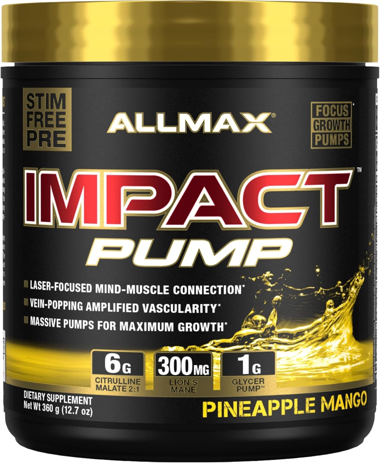 Allmax Impact Pump, Pineapple Mango - 360 G - Stim-Free Pre-Workout Formula - Boosts Pumps & Mind-Muscle Connection - With Citrulline Malate & Lion’S Mane - Up To 30 Servings