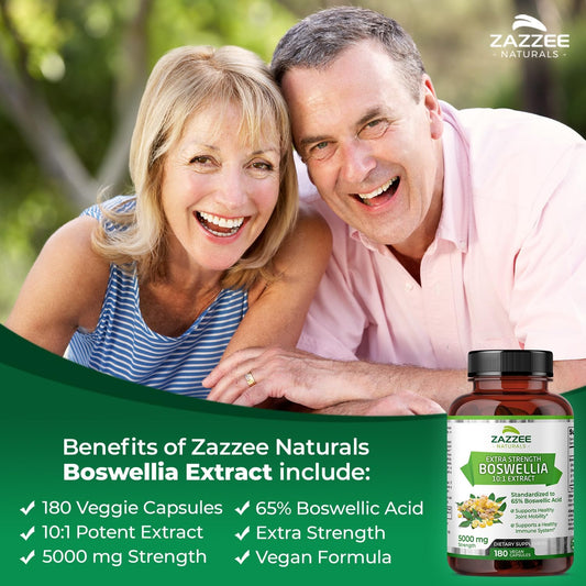 Zazzee Extra Strength Boswellia Serrata 10:1 Extract, 5000 Mg Strength, 65% Boswellic Acid, 180 Vegan Capsules, 6 Month Supply, Standardized 10X High Potency, 100% Vegetarian, All-Natural, Non-Gmo