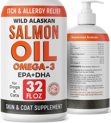 StrellaLab 32 OZ Salmon Oil for Dogs - Omega 3 Fish Oil for Dogs & Cats, Itch & Allergy Relief, Wild Alaskan Salmon Oil Dogs Skin & Coat, Dog Fish Oil Liquid, Shedding Supplement EPA & DHA Fatty Acids