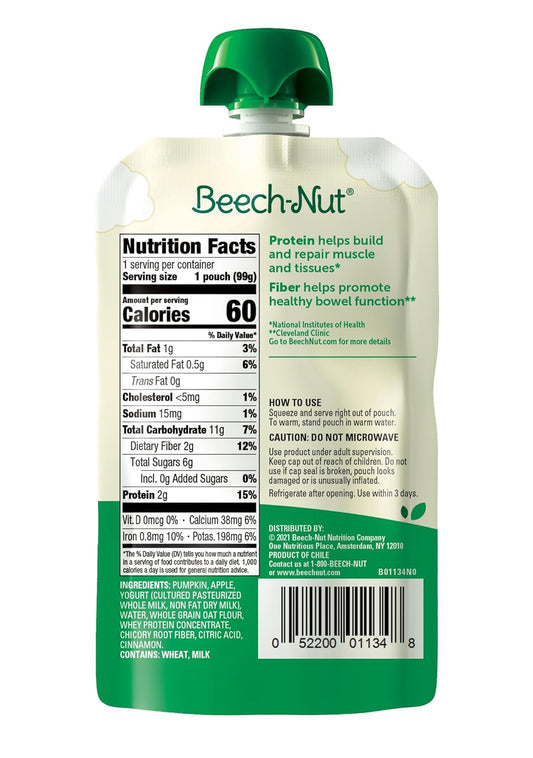 Beech-Nut Baby & Toddler Food Pouches With Protein And Fiber, Pumpkin Apple Yogurt & Oat Puree, 3.5 Oz (12 Pack)