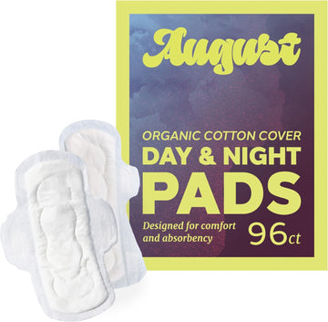 August Menstrual Day & Night Organic Cover Pads, 48-Pack Day, 48-Pack Night Pads, Compostable Wrappers, Hypoallergenic Organic Cover Pads for Women and Anyone Who Menstruates (6 Boxes of 16)