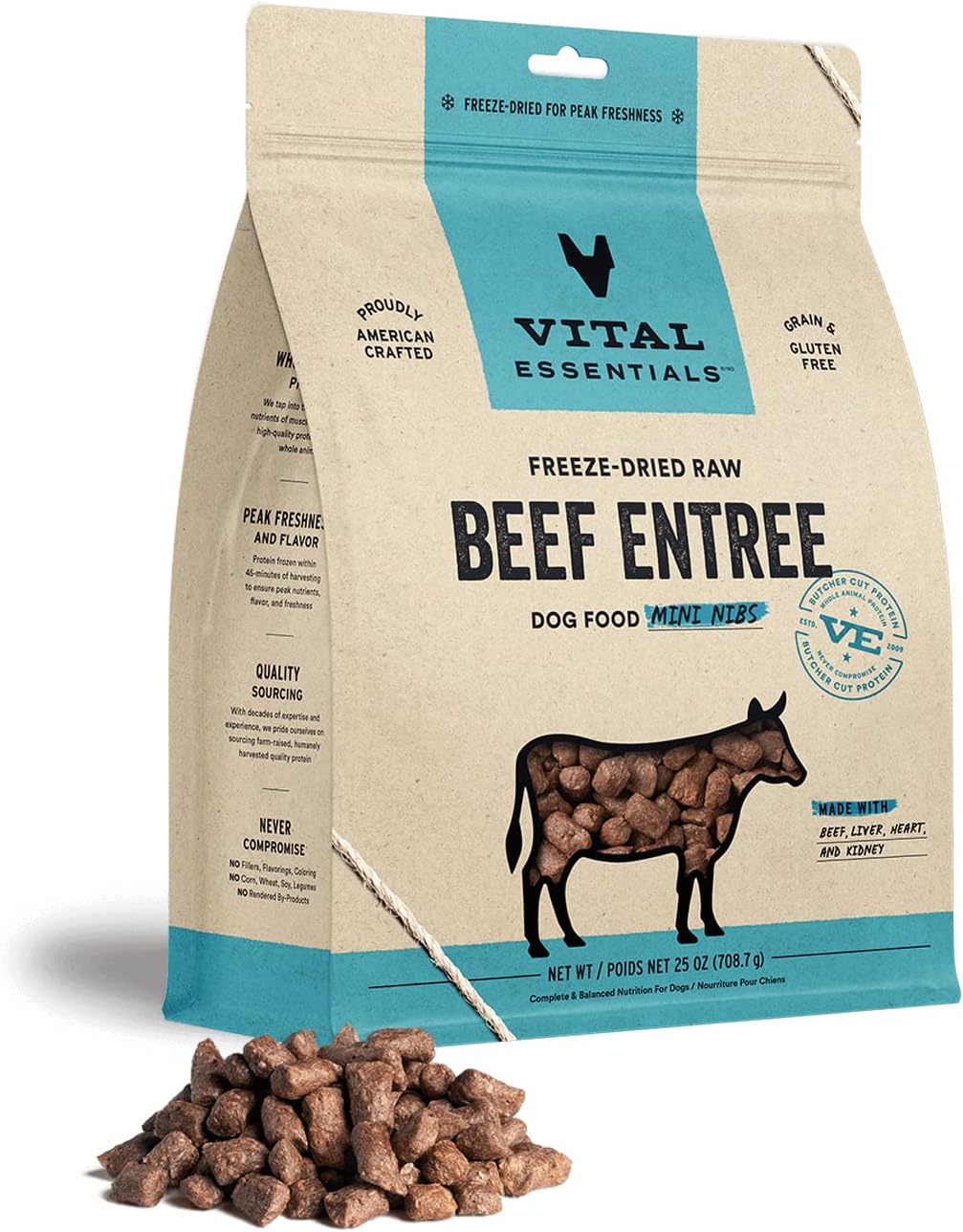 Vital Essentials Freeze Dried Raw Dog Food, Beef Mini Nibs Entree, 25 Oz