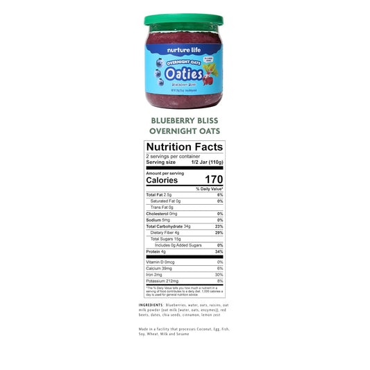 Nurture Life Overnight Oats, Blueberry Bliss, Healthy Snacks For Kids, Nutritious Breakfast For Children W/Real Fruit & Hidden Veggies, No Added Sugar, Ready To Eat Meals For Toddlers & Kids, 4 Pack