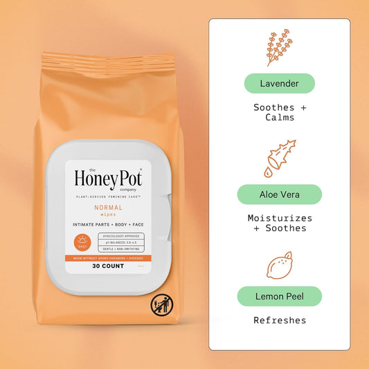 The Honey Pot Company - Feminine Wipes - Daily Ph Balancing, Fragrance & Sulfate Free Wipes For Intimate Parts, Body, Or Face - Feminine Products - Normal 30 Ct (Pack 3)