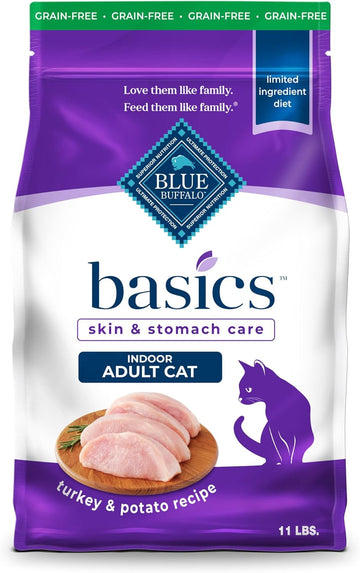 Blue Buffalo Basics Grain-Free Dry Cat Food, Skin & Stomach Care, Limited Ingredient Diet For Indoor Cats, Turkey & Potato Recipe, 11-Lb. Bag