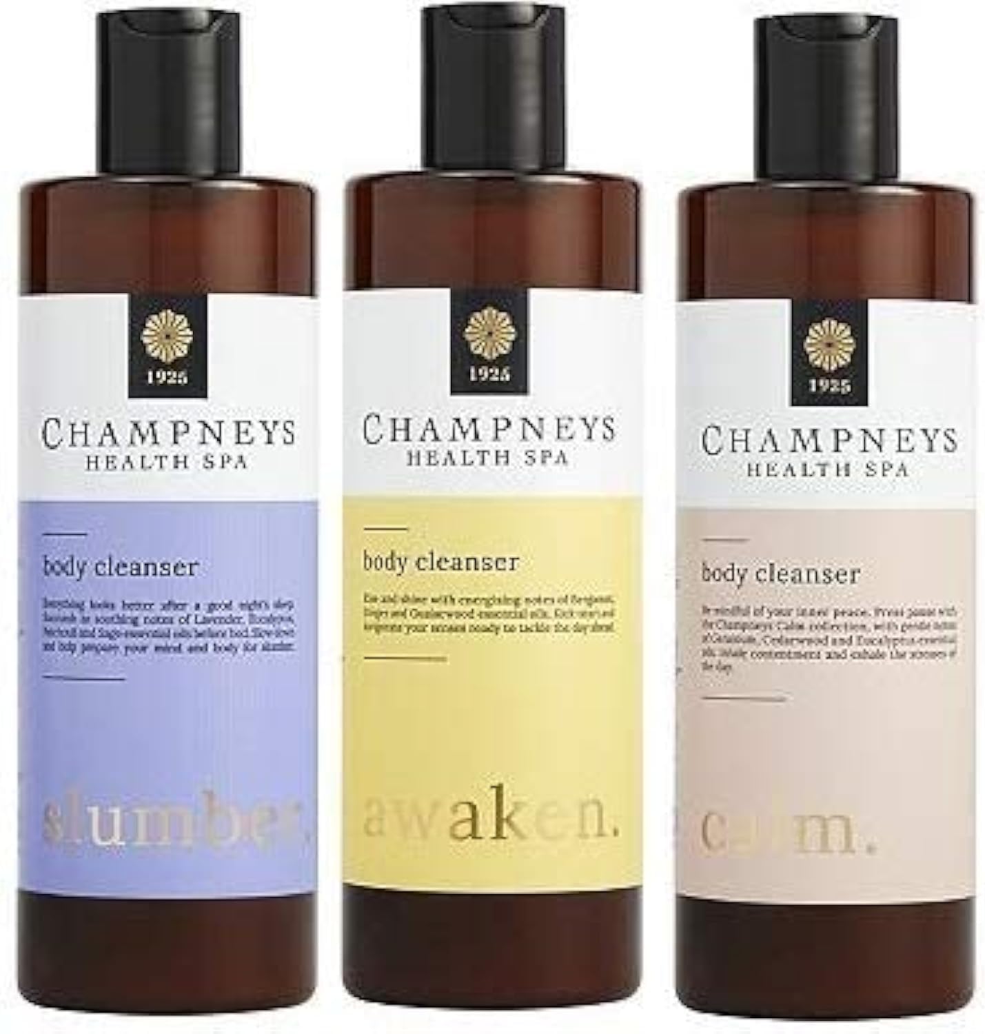 (Pack of 3) Champneys Awaken, Slumber & Calm Body Cleanser x 350ml Bergamont, Lavender, Patchouli, Cedarwood, Geranium essential oil notes