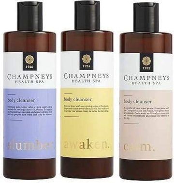 (Pack of 3) Champneys Awaken, Slumber & Calm Body Cleanser x 350ml Bergamont, Lavender, Patchouli, Cedarwood, Geranium essential oil notes