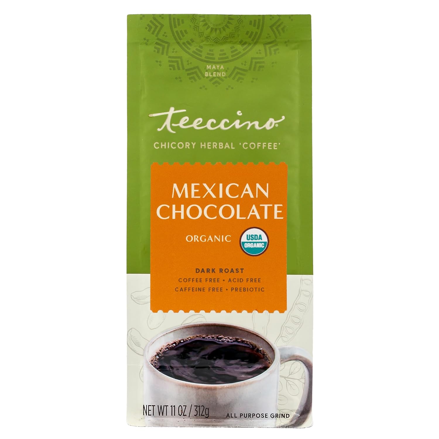 Teeccino Mexican Chocolaté Chicory Coffee Alternative - Ground Herbal Coffee That’S Prebiotic, Caffeine-Free & Acid Free With A Hint Of Spice, Dark Roast, 11 Ounce