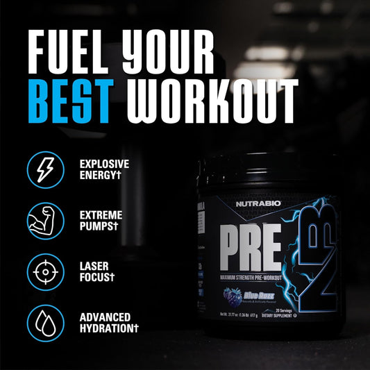 Nutrabio Pre Workout Powder - Old Formula- Sustained Energy, Mental Focus, Endurance - Beta Alanine, Creatine, Caffeine, Electrolytes - 20 Servings - Strawberry Lemon Bomb