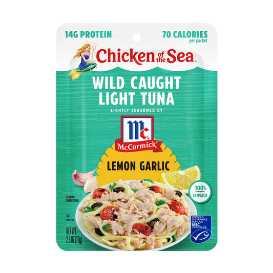 Chicken of the Sea Wild Caught Light Tuna, Lemon Garlic, 2.5 oz. Packet (Box of 12)