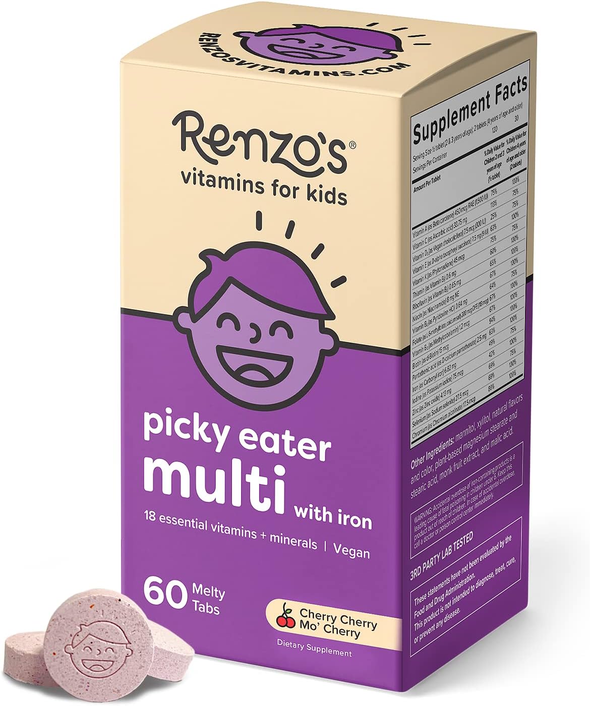 Renzo's Picky Eater Kids Multivitamin with Iron - Dissolving Kids Vitamins with Vitamin D3 & K2 and More - 60 Sugar-Free Melty Tabs, Cherry Cherry Mo? Cherry Flavored