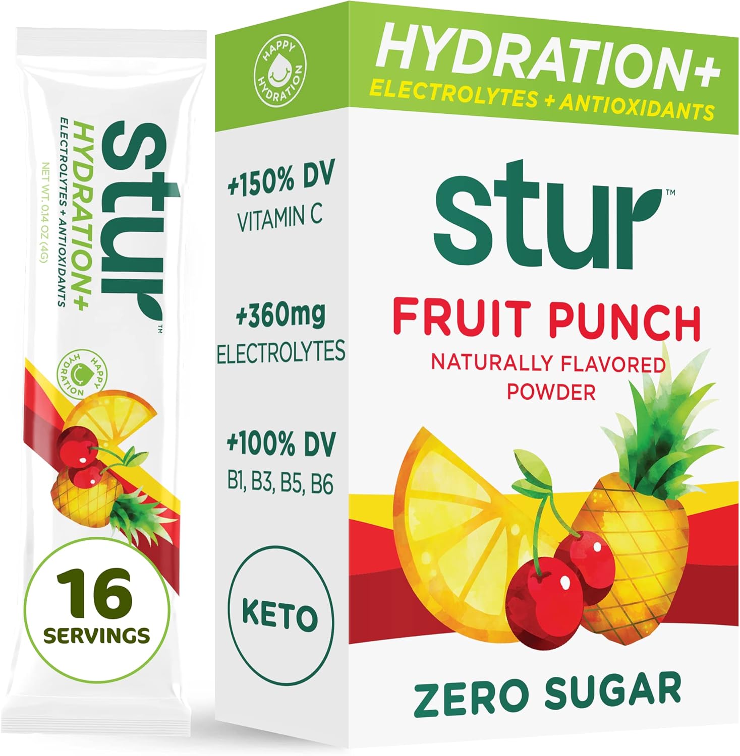 Stur Electrolyte Hydration Powder | Fruit Punch | High Antioxidants & B Vitamins | Sugar Free | Non-Gmo | Daily Hydration & Workout Recovery | Keto | Paleo | Vegan (16 Packets)