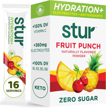 Stur Electrolyte Hydration Powder | Fruit Punch | High Antioxidants & B Vitamins | Sugar Free | Non-Gmo | Daily Hydration & Workout Recovery | Keto | Paleo | Vegan (16 Packets)