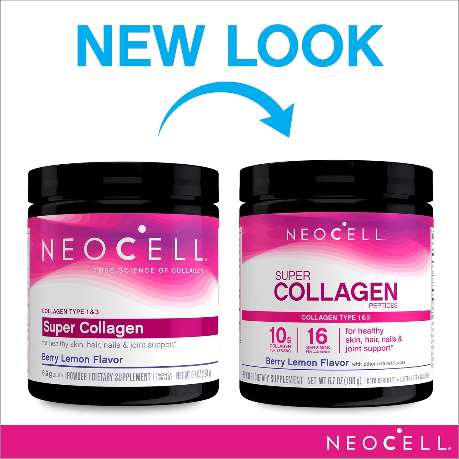 NeoCell Super Collagen Powder, 10g Collagen Peptides per Serving, Gluten Free, Keto Friendly, Non-GMO, Grass Fed, Paleo Friendly, Healthy Hair, Skin, Nails & Joints, Berry Lemon, 6.