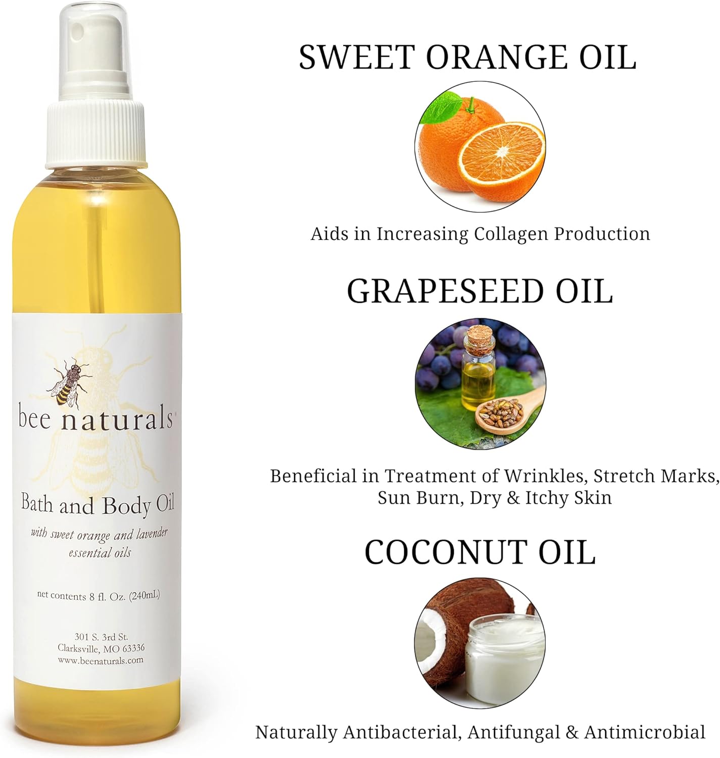Bee Naturals, Bath & Body Oil, 8 fl oz : Beauty & Personal Care