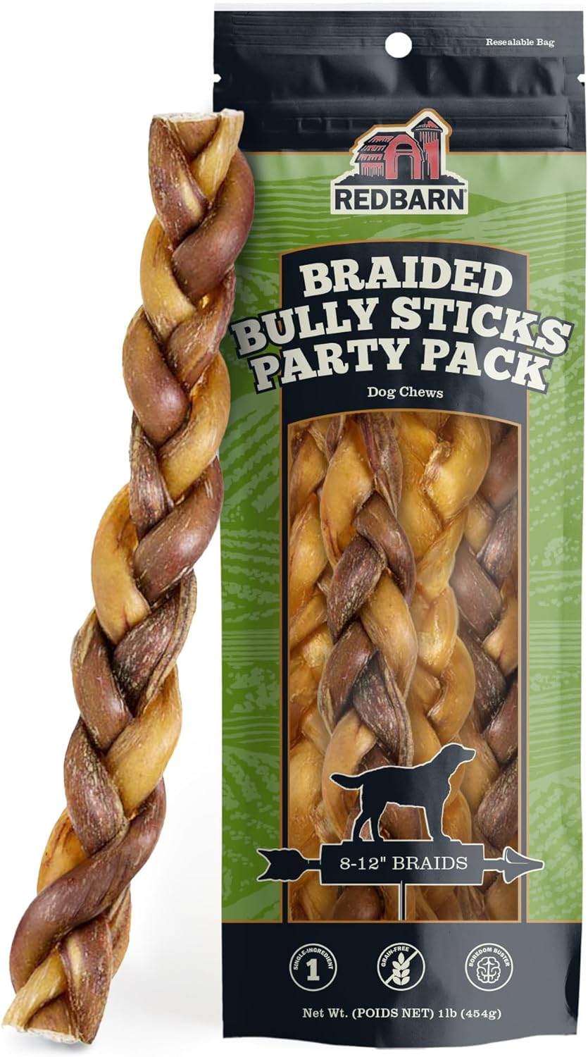 Redbarn All Natural 8-12” Braided Bully Sticks For Medium & Large Dogs - Healthy Long Lasting Beef Chews Variety Party Pack - Single Ingredient Low Odor Rawhide Free - 1 Lb Bag - Packaging May Vary