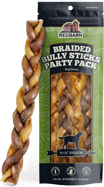 Redbarn All Natural 8-12” Braided Bully Sticks For Medium & Large Dogs - Healthy Long Lasting Beef Chews Variety Party Pack - Single Ingredient Low Odor Rawhide Free - 1 Lb Bag - Packaging May Vary