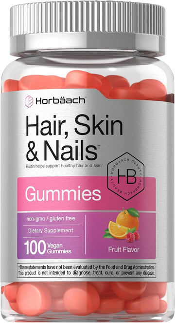 Horbäach Hair Skin And Nails Gummies | 100 Count | With Biotin | Fruit Flavored Vitamins | Non-Gmo, Gluten Free Supplement