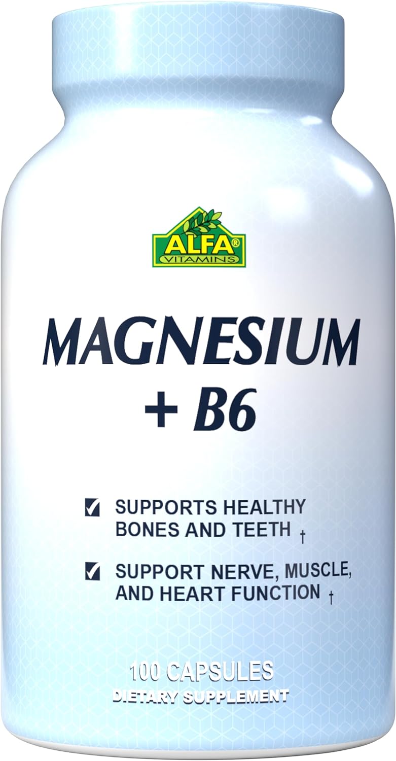 ALFA VITAMINS Magnesium Plus B-6 500 Mg Cardiovascular Health - Supports Energy Production &r Enzyme Function - 100 Capsules