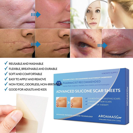 Aroamas Scar Silicone Scar Tape– Softens & Flattens Scars From Surgery, Injury, Burns, C-Section, Scratch Marks – Reusable Medical-Grade Silicone Scar Sheets For All Skin Types [3"X1.57", 8 Sheets]