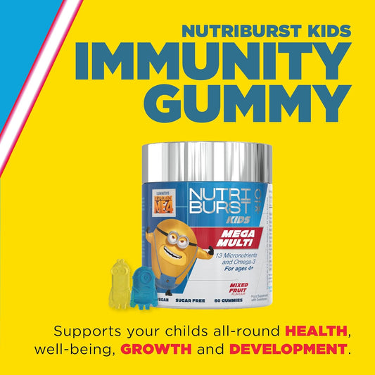 Nutriburst Minions Mega Multi Vitamins For Kids - Chewable Multivitamins For Growth & Development: Vitamin A, B12 C, D3, E, Iron, Omega-3 - Vegan + Sugar Free - Fruity Flavour - 60 Gummies