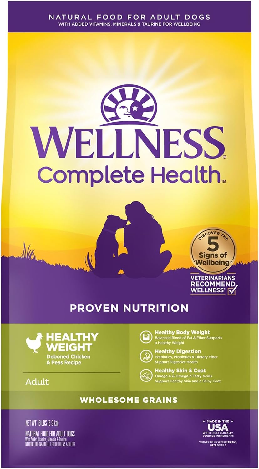 Wellness Complete Health Dry Dog Food with Grains, Natural Ingredients, Made in USA with Real Meat, All Breeds, For Adult Dogs (Healthy Weight - Chicken & Potatoes, 13-Pound Bag)
