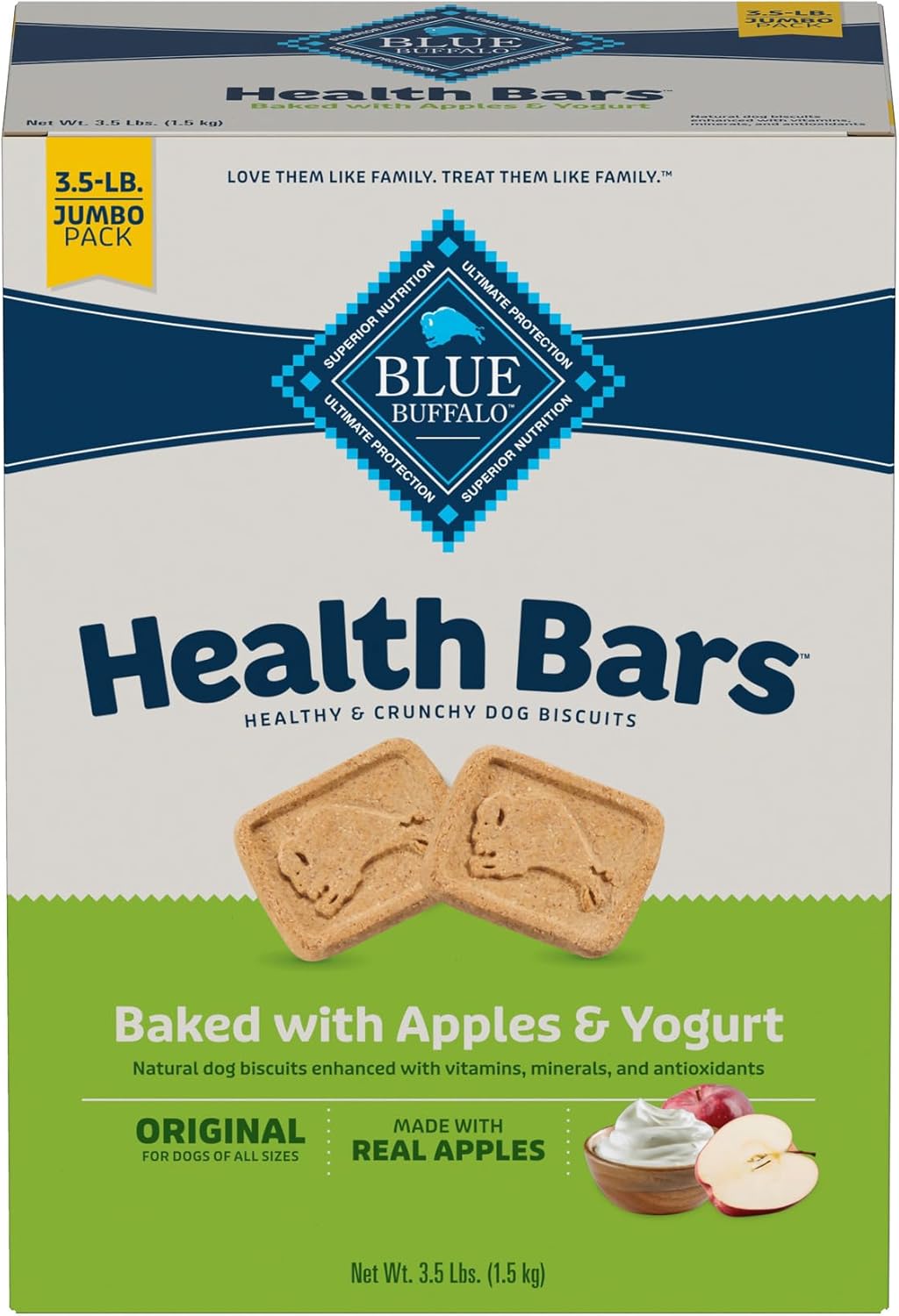 Blue Buffalo Health Bars Crunchy Dog Biscuits, Oven-Baked With Natural Ingredients, Apples & Yogurt, 3-Lb. Box